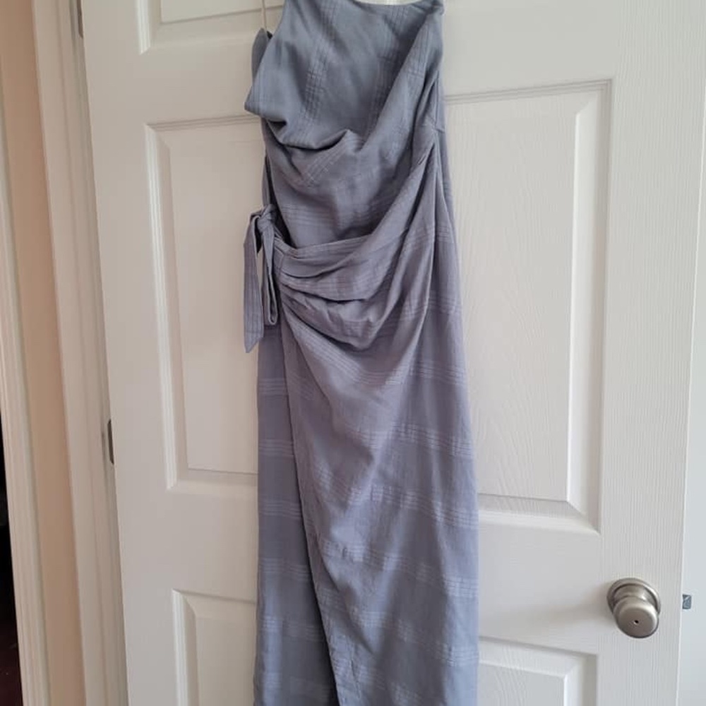 Blue Button Button Back One Shoulder Wrap Dress.